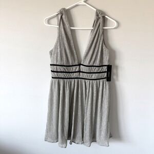 Lulus Silver Metallic Mini Dress Velvet Trim Deep V-Neck Sleeveless Large NEW